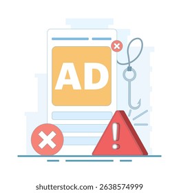 Ad fraud concept. Ad click fraud. Ad fraud generates fake ad impressions, makes money, cyber and crime, fraud alerts, hacker attacks and web security. flat design illustration.