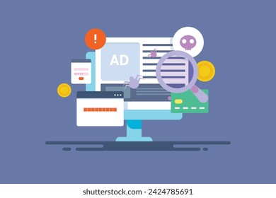 Ad fraud, Generating fake traffic, Click fraud, Fake traffic activity on search engine and social media platforms - vector illustration with icons