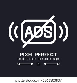 Ad free content white linear desktop icon on black. Streaming service without commercials. Pixel perfect, outline 4px. Isolated user interface symbol for dark theme. Editable stroke