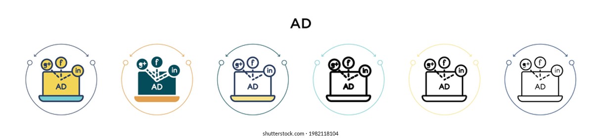 Ad icon in filled, thin line, outline and stroke style. Vector illustration of two colored and black ad vector icons designs can be used for mobile, ui, web