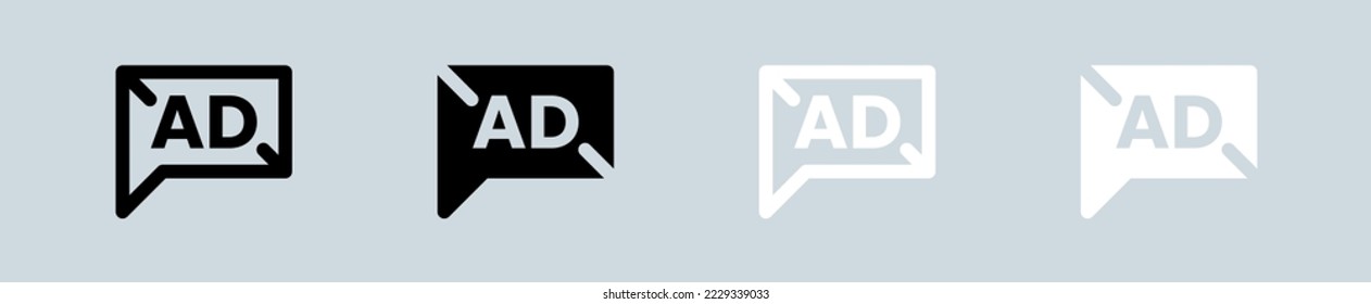 Ad icon set in black and white. Advertisement signs vector illustration.