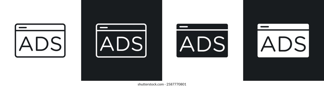 Ad icon set black and white colors. Graphic Vector icons pack