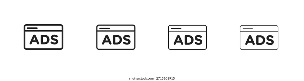 Conjunto de iconos de anuncios. Una colección de simples iconos negros de trazos finos