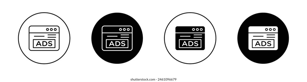 Ad icon set. social media ppc paid advertising vector symbol. digital display or search ads campaign sign in black filled and outlined style.