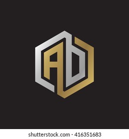 AD initial letters loop linked hexagon elegant logo golden silver black background