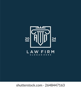 Logotipo inicial del monograma del anuncio para el bufete de abogados con el diseño del pilar en cuadrado creativo