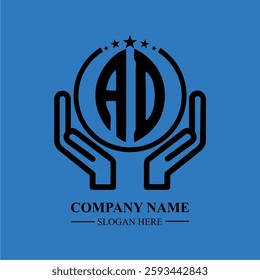 AD initials held within hands, symbolizing trust and protection. The circle represents unity, while stars highlight excellence and ambition.