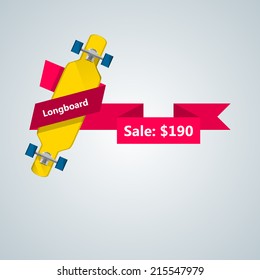 Ad layout for longboard with price. Flat vector illustration of yellow longboard with pink ribbon with price and word Longboard.