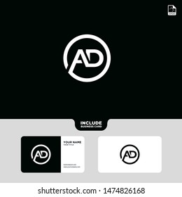 AD Letter Logo Design with Creative Modern Trendy Typography and Black Colors in Circle Style include Business Card.