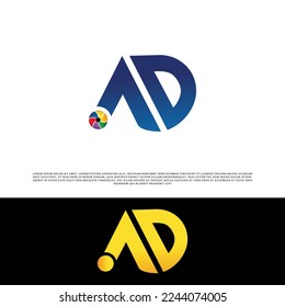 AD Letter Logo Design with Creative Modern Trendy Typography and blue gradient and yellow color.