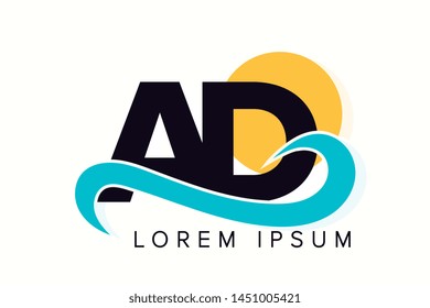 AD letter logo with ocean waves and sunset. Beach concept design