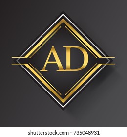 AD Letter logo in a square shape gold and silver colored geometric ornaments. Vector design template elements for your business or company identity.