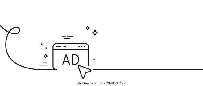 Ad line icon. Continuous one line with curl. Online offer sign. Internet promotion symbol. Ad single outline ribbon. Loop curve pattern. Vector