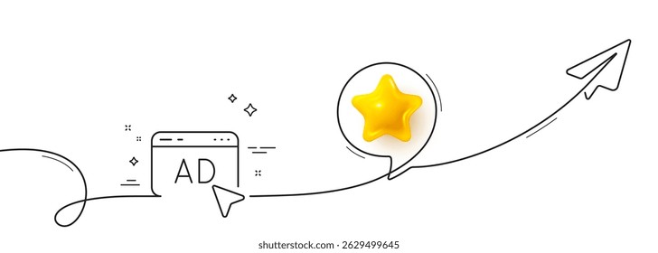 Ad line icon. Continuous line with share plane. Online offer sign. Internet promotion symbol. 3d star in speech bubble. Ad single line ribbon. Loop curve pattern. Vector