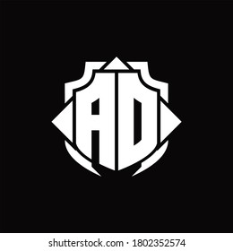 Monograma del logotipo de AD con línea de protección y plantilla de diseño de 3 flechas sobre fondo negro