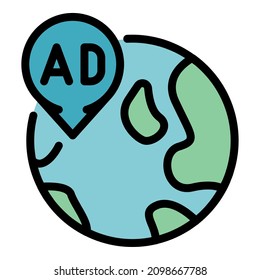 Ad mark on the globe map icon. Outline ad mark on the globe map vector icon color flat isolated