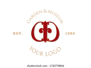 AD monogram. renaissance half an apple logotype on white background. Vector ready logo fruit with seeds in victorian style