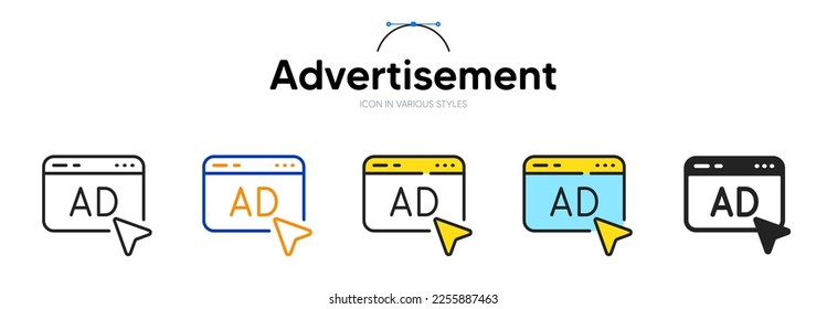 Ad offer line icon in different styles. Bicolor outline stroke style. Internet banner symbol for web app. Online ad offer banner. Web browser window with mouse cursor. Smm advertisement. Vector