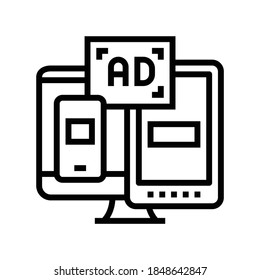 y en el vector de icono de la línea de visualización del teléfono del equipo y del tablet. anuncio en el teléfono del equipo y señal de visualización de tablet. símbolo de contorno aislado ilustración negra