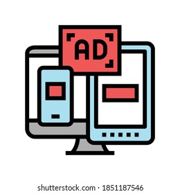 ad on computer phone and tablet display color icon vector. ad on computer phone and tablet display sign. isolated symbol illustration