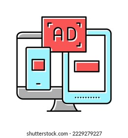 y en el vector de iconos de color de la pantalla del teléfono del equipo y del tableta. anuncio en el teléfono del equipo y señal de visualización de tablet. ilustración de símbolo aislado