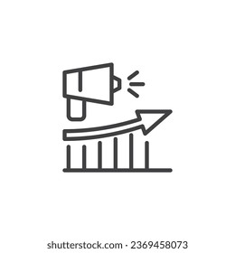 Icono de línea de rendimiento de anuncios. Gráfico de barras y signo de estilo lineal megáfono para concepto móvil y diseño web. Icono de vector de contorno de rendimiento de publicidad. Símbolo, ilustración del logotipo. Gráficos vectoriales
