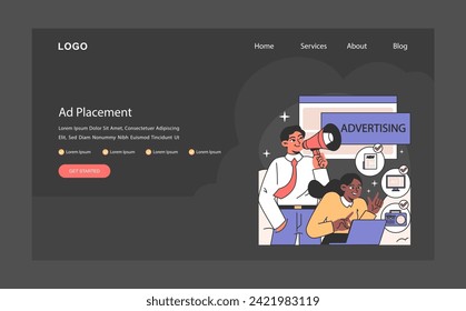 Ad placement process captured with marketers strategizing and executing advertising. Symbolizes the targeted approach to digital ad distribution. Flat vector illustration.