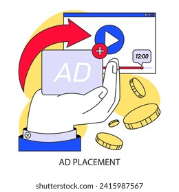 Ad placement strategy concept. Selective targeting and timely ad insertions for maximum impact. Online advertising with precision and profitability. Flat vector illustration.
