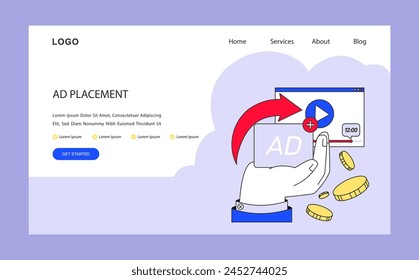 Ad placement strategy concept. Selective targeting and timely ad insertions for maximum impact. Online advertising with precision and profitability. Flat vector illustration.