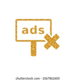 Ad post with cross sign icon in gold glitter texture. Sparkle luxury style vector illustration.