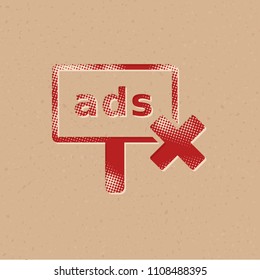 Ad post with cross sign icon in halftone style. Grunge background vector illustration.