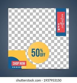 Ad post template with square shape using geometric design, yellow, red and blue background. suitable for advertising on social media.