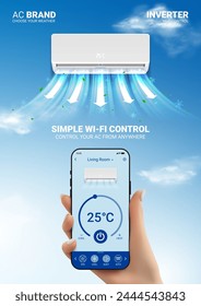 Ad poster of air conditioner. Concept of ac with wi-fi remote control. Vector illustration with air conditioner and woman's hand holding phone with app for remote control of air conditioner.