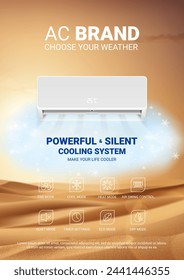 Ad poster of air conditioner. Realistic vector illustration with air conditioner with cooling air in hot desert. Modern split system climate control for home. Product mockup concept.