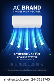 Ad poster of air conditioner. Realistic vector illustration with air conditioner with cold fresh air wind wave with leaves. Modern split system climate control for home. Product mockup concept.