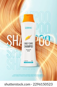 Ad poster of hair shampoo or conditioner. 3d vector illustration of cosmetic product. Realistic bottle and hair strands for promotion of female shampoo. Beauty product advertising.