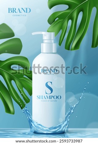 Ad poster of hair shampoo or conditioner. 3d vector illustration of cosmetic product. Realistic bottle in water splash with monstera leaves on background. Beauty product advertising or shampoo. 