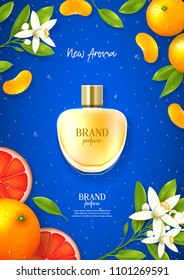 Ad poster of luxury perfume brand. Top view on realistic glass bottle on blue background with citrus flowers and citrus fruit. Vector illustration with new summer aroma.