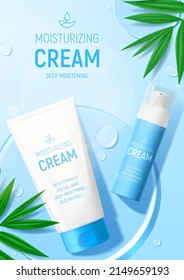 Ad Poster With Moisturizing Face Cream Products. Vector Illustration With 3d Bottle And Tube Of Moisturizing Cream, Drops, Leaves And Glass Circles. Mockup Of Cosmetic Product Ad. Flatlay Background.