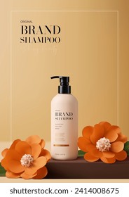 Ad poster for promotion shampoo. Ad flyer with minimalist design. Vector illustration with shampoo bottle and paper flowers on podium. Concept of promotion cosmetic product. 3d realistic background.