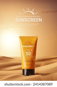 Afiche publicitario para la promoción protector solar. Concepto de diseño minimalista de publicidad de protector solar. Ilustración vectorial con tubo con crema sobre arena desértica con puesta de sol sobre el fondo. Publicidad de cosméticos.