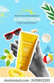 Ad poster for promotion sunscreen. Flyer with collage items with sunscreen, seashells, halftone hands, leaves, torn paper and doodles. Vector illustration for promotion of summer goods and cosmetics.