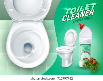 Ad poster with realistic shiny toilet on green tile and cleaner gel with pine needles vector illustration