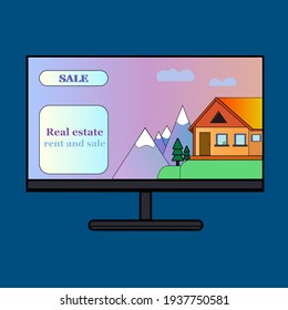 The ad poster sale real estate. Template for the sale of real estate. The concept of real estate services. A house on the background of mountains and fir trees.