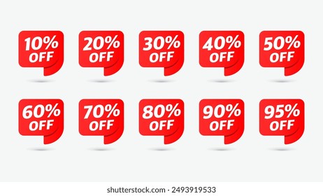 Anzeige mit roter Tag-Set-Symbol-Kollektion. Massiver Verkauf auf Sonderangebote 10% bis 95% Rabatt. Vektorillustration der Einzelhandelswerbung