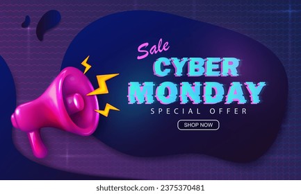 Ad retro futuristic banner with glitched text and pink shouting loudspeaker for Cyber Monday sales. Promo discount poster for e-commerce, online shopping special offer. Synthwave, sci-fi background