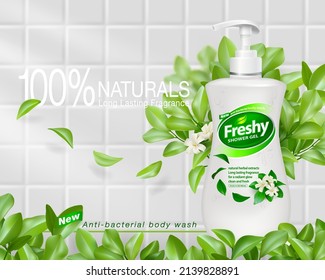 Ad shower gel and liquid soap, Bottle mock-up white tile background with leaves and flowers backdrop. Realistic EPS file.