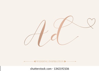 AD signature monogram.Calligraphic lettering icon in rose gold color.Typographic logo with romantic, feminine script letter a and letter d.Handwritten wedding initials with heart shape. 