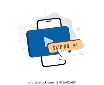 Ad skip feature in mobile video streaming platforms offering instant bypass. Ad-free playback, seamless user experience to boost engagement, viewer retention and platform revenue. Vector illustration