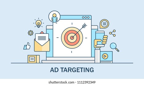 Ad Targeting, Audience Outreach,  Digital Marketing, Target Marketing Flat Line Vector Illustration Isolated O Blue Background